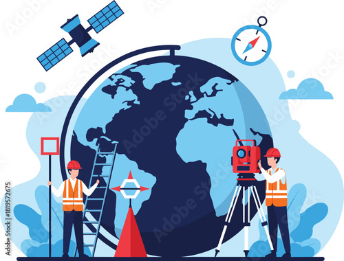 Geodesy illustration—surveyors with total station, leveling rod, globe, satellite, compass, and ladder