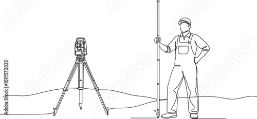 Surveyor line illustration—leveling rod, total station, tripod, and contoured ground in fieldwork scene