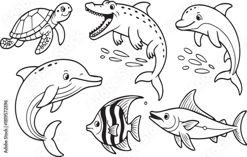 Cartoon sea creatures including dolphin turtle crocodile and fish sea life