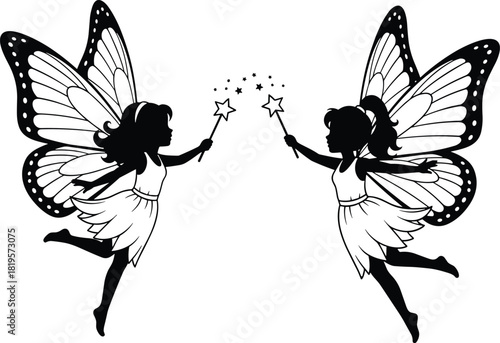 Pair of Fairy Silhouettes Vector Illustration, Two Magical Fantasy Fairies with Large Wings Holding Star Wands, Ideal for Children's Books, T-Shirt Print, Birthday Party Decor, or Sticker Design