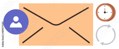 Large envelope with focus on user profile, clock indicating time, and circular arrows for progress. Ideal for communication, email, messaging, notifications, updates, scheduling task management