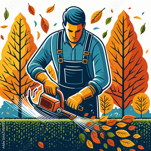 Gardener trimming hedge in fall park