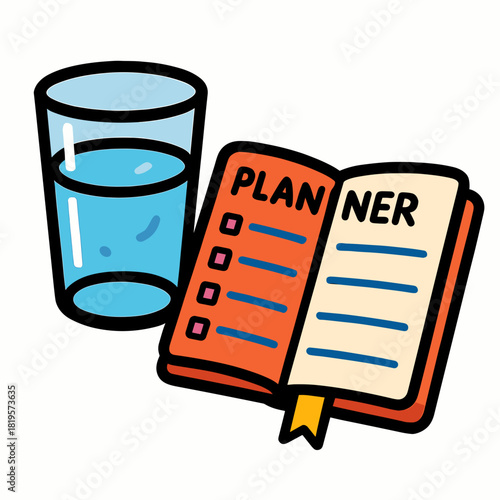 Glass of water beside planner 
