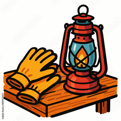 Gloves and lantern on wooden table