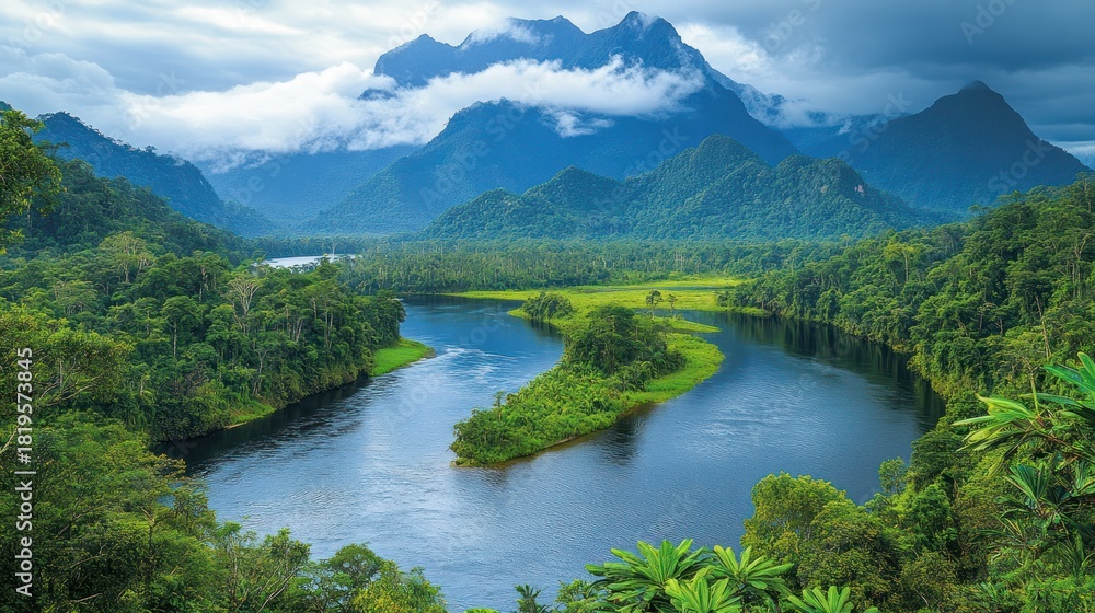 Fototapeta premium Serene river winds through lush rainforest valley, mountains in background