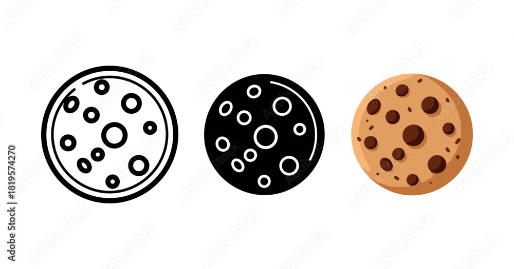 Fototapeta premium Cookie icon set: outline, silhouette, and colored cookie designs