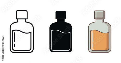 Set of three iconic bottles with minimalist and colorful designs on white background