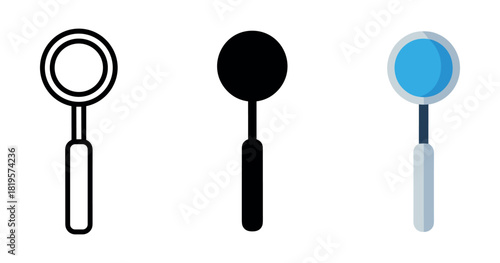 Set of magnifying glass icons: outline, silhouette, and flat design variations
