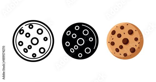 Cookie icon set: outline, silhouette, and colored cookie designs