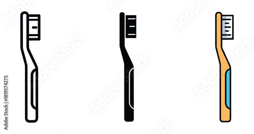 Vector silhouettes and icons of toothbrushes in black and colored designs