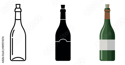 Diverse wine bottle designs: outline, silhouette, and colored styles