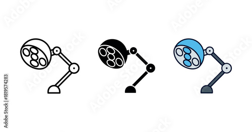 Set of three desk lamp icons in black, white, and blue tones