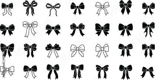 Massive Vector Collection of Ribbon Bows, Featuring Black Silhouettes and Outline Styles, Different Shapes for Gift Wrapping, Christmas, Birthday, Wedding Invitation, or Fashion Design Elements