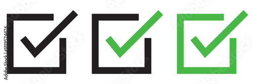 Check box icon with correct, accept checkmark icons tick box checked, check list square frame - checkbox symbol approved sign. Set of check icons in green and black. Check mark icon symbols vector. 