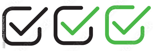 Check box icon with correct, accept checkmark icons tick box checked, check list square frame - checkbox symbol approved sign. Set of check icons in green and black. Check mark icon symbols vector. 