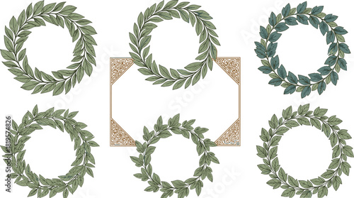 Hand-Drawn Laurel Wreath Vector Set, Circular Green Olive Leaves, Surrounding a Vintage Square Frame with Elegant Corner Ornaments, Perfect for Awards, Logos, Certificate Borders, or Wedding 