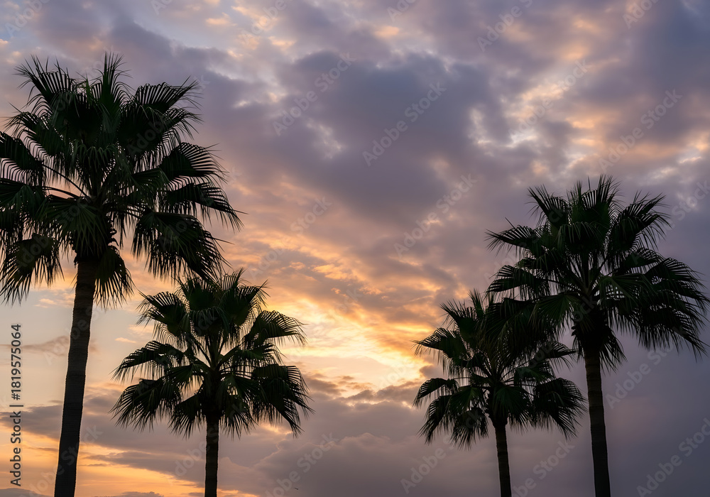 Obraz premium Palm trees silhouetted against a beautiful, colorful sunset sky