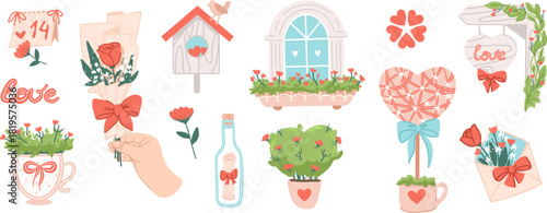 Lovely Valentines Day set with bottle, envelope, flower, and balcony decor. Great for wedding cards, graphic design, and sweet romantic compositions.