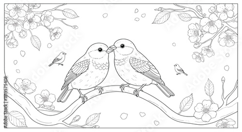 Romantic scene with two cute love birds sitting on a blooming branch surrounded by cherry blossoms, black and white sketch drawing for adults and kids coloring book page illustration