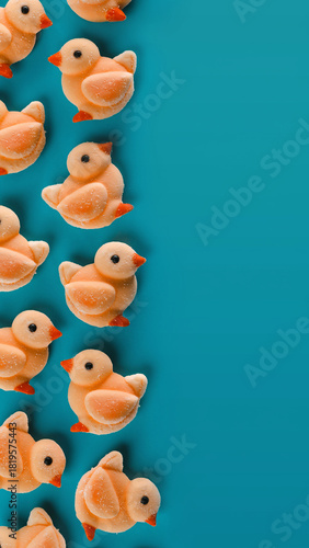 Cute chick candy flatlay on blue background