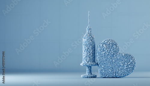 Blue syringe and heart 3D render in minimalist scene