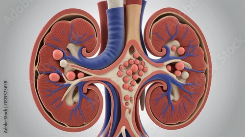 Animated cross-section of a kidney, showing healthy vs. diseased state with stones