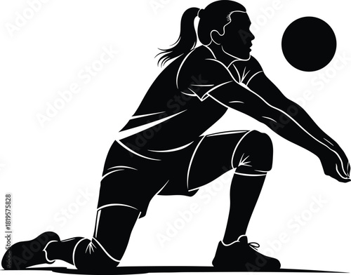 Woman volleyball player silhouette in a defensive stance, volleyball, woman, player, silhouette, black and white, sport, athletic, action, game, competition, defense, receiving, ball, dynamic, movemen
