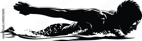 Black and white graphic of a swimmer in water swimming, swimmer, swimming, water, sport, athletic, action, movement, black and white, graphic, illustration, silhouette, splash, waves, pool, competitio