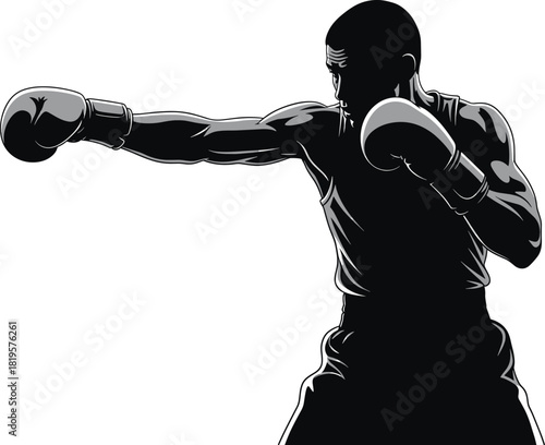 Black and white illustration of a boxer throwing a punch, boxing, boxer, punch, fighting, sport, athlete, male, man, silhouette, black and white, monochrome, graphic, illustration, action, movement, s