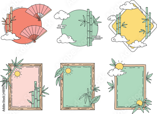 Minimalist East Asian Bamboo Frame Set, Traditional Japanese Korean Chinese Nature Backgrounds, Pastel Colors, Clouds, Sun, Hand Fan, Circle and Rectangle Shape Templates, Vector Design Collection.