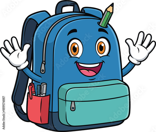 Cartoon backpack character with smiling face, school supplies illustration, educational vector design, cheerful kids item, fun learning concept
