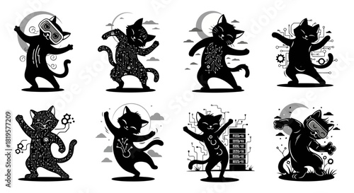 Set of black cats in various energetic poses with circuit board patterns, VR headsets, and digital elements, against moon and cloud background