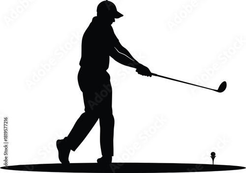 Black silhouette of a golfer swinging a club on a tee, golf, golfer, silhouette, black and white, sport, swing, club, ball, tee, grass, outdoor, activity, recreation, athletic, player, game, hobby, le
