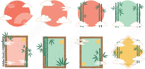 East Asian Style Bamboo Frame Set, Traditional Japanese Korean Chinese Nature Backgrounds, Minimalist Moon, Clouds, Sun, Fan, Vertical and Circle Shape Templates, Vector Graphic Collection.