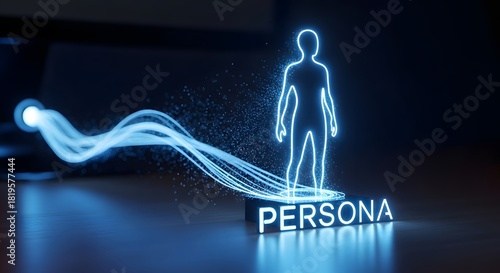 Digital persona concept with glowing figure and data stream on dark background
