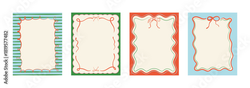 Set of doodle-style Christmas frames with ribbons, bows, and light garlands. Hand-drawn la dolce vita holiday elements in minimalist line art. Trendy borders for festive posters and  invitations