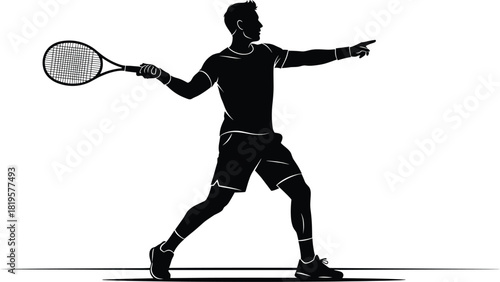 Black silhouette of a male tennis player serving a ball, tennis, player, man, male, silhouette, black and white, sport, athletic, action, serving, racket, ball, court, movement, dynamic, fitness, heal