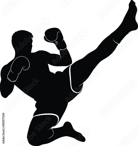 Black silhouette of a man performing a high kick martial arts, silhouette, man, kick, martial arts, fighting, combat, sport, action, dynamic, movement, athletic, strong, powerful, kickboxing, karate, 