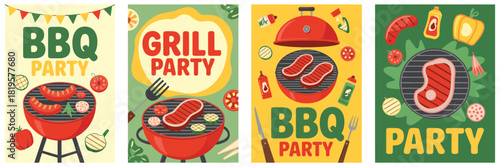 Summer BBQ Poster Collection – Cartoon Outdoor Grill Scenes With Meat, Vegetables, Picnic Moments and Cookout Party Themes Presented in Bright Playful Vector Illustration for Event Cards and Invitatio