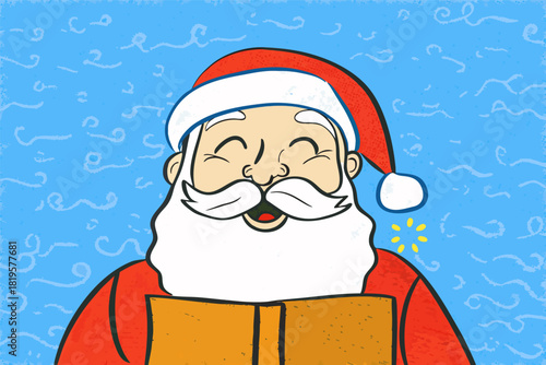 Joyful Santa Claus Singing with Festive Blue Holiday Pattern