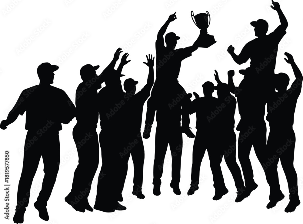 Fototapeta premium Black silhouette of cheering team holding trophy celebrating victory, silhouette, team, victory, celebration, trophy, winning, success, cheering, raising arms, group, people, sports, championship, awa