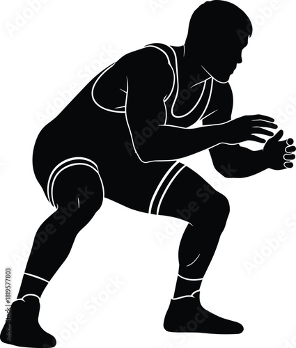 Black silhouette of a wrestler in a crouched stance, wrestling, wrestler, silhouette, black and white, sport, athlete, competition, grappling, combat sport, athletic, active, dynamic, action, pose, st