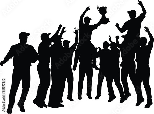 Black silhouette of cheering team holding trophy celebrating victory, silhouette, team, victory, celebration, trophy, winning, success, cheering, raising arms, group, people, sports, championship, awa