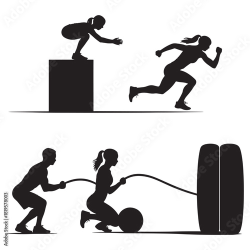 Explosive Fitness Silhouettes: Box Jump, Sprinting, and Rope Pull Workout