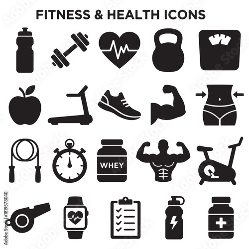 Comprehensive Fitness and Health Vector Icon Set: Gym Equipment & Wellness Symbols