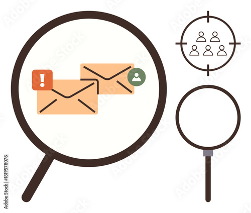 Magnifying glass over email with alerts and user icons suggests monitoring, targeting, and communication. Ideal for email security, digital marketing, analytics, fraud detection, prioritization