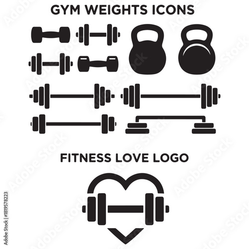 Gym Weights Icons Set: Dumbbells, Kettlebells, Barbells & Fitness Love Logo