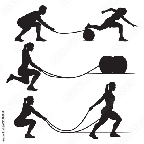 Battle Ropes and Strength Training Silhouettes Set: Functional Fitness Icons