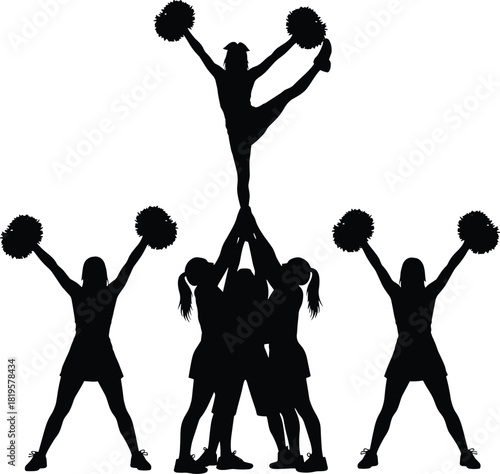 Cheerleaders performing a pyramid formation with pom poms, cheerleading, cheerleaders, pyramid, stunt, team, sport, athletic, performance, action, group, women, girls, uniform, pom poms, dance, energy