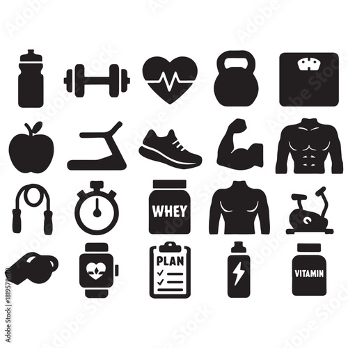 Fitness and Health Vector Icons Set: Workout, Gym, Sport & Healthy Lifestyle